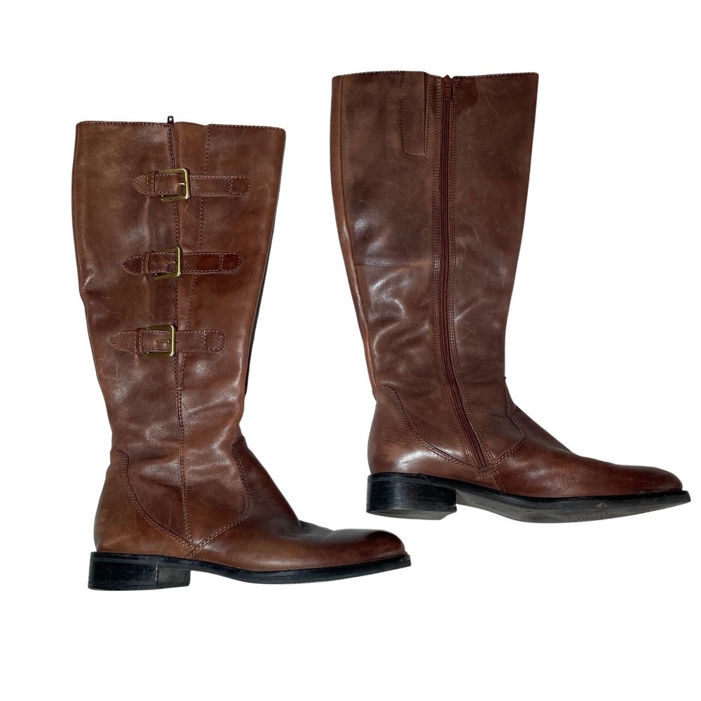 ECCO Hobart Brown Leather Tall Riding Boots Buckle Detail Side Zip Women's 40